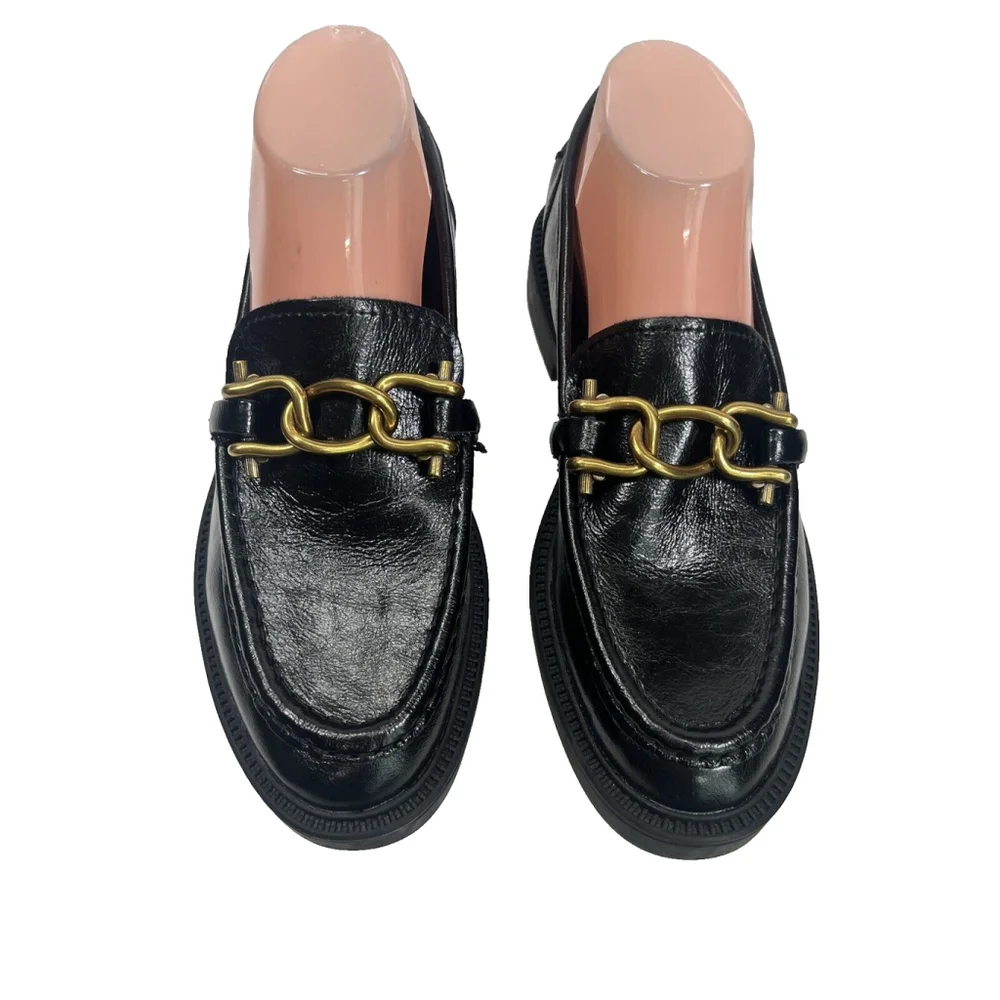 Steve Madden Womens Black Leather Loafer Shoes Gold Chain Size‎ 9.5M Office